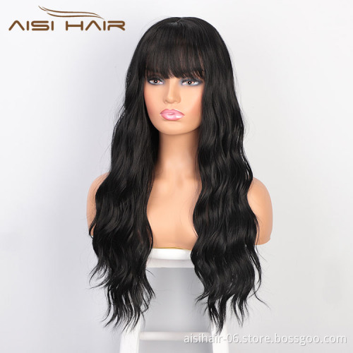 Aisi Hair Popular Vendor Cheap Wholesale Medical Long Wavy Natural Wave Wig With Bangs For Black Women Synthetic Hair Wigs